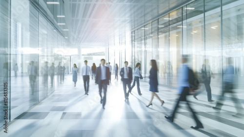 blurred business people in white glass office background, Generative AI