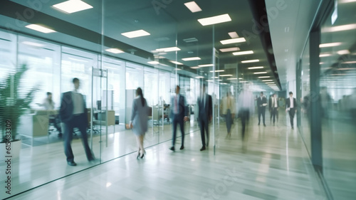 blurred business people in white glass office background, Generative AI © Onchira
