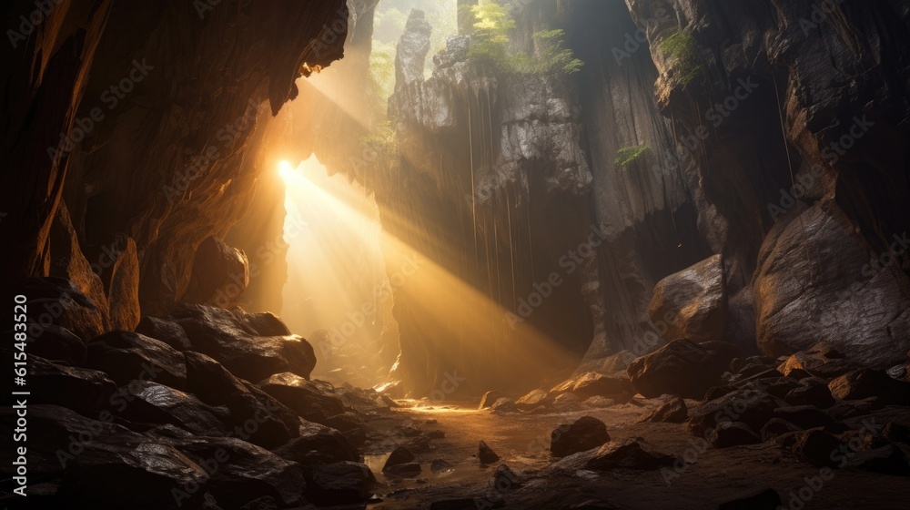 Inside the majestic cave during the early morning hours. Generative AI Inside the majestic cave during the early morning hours. Generative AI
