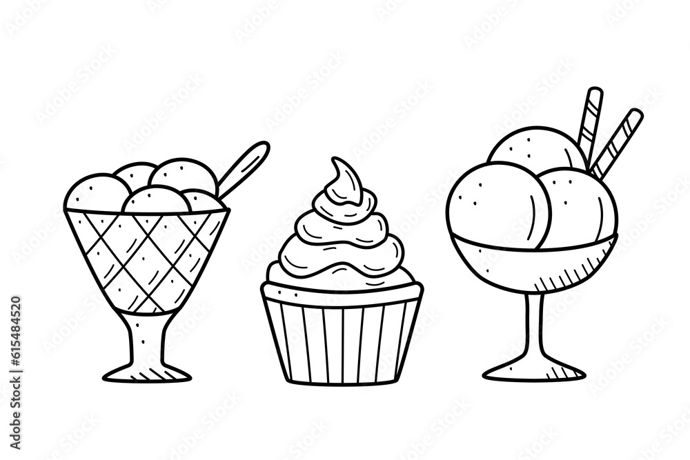 Ice cream set in creamers and baskets doodle style. Vector illustration of summer refreshing desserts. Icons for the cafe restaurant menu.
