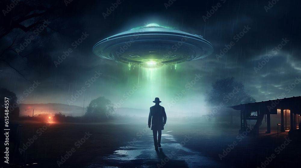 man detective investigationg a ufo at night with a green beam man detective investigationg a ufo at night with a green beam