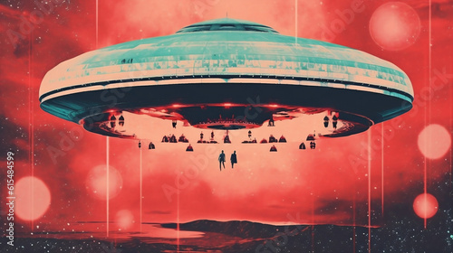 ufo flying over the city, abstract illustation grunge style