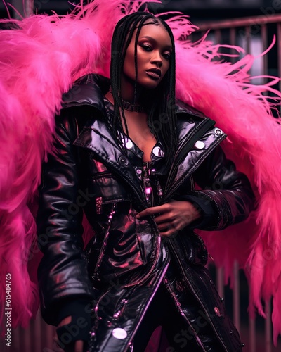 Fierce and feminine: leather jacket clad woman donning a daringly pi nk feathered statement unapologetic style for the modern fashion rebel photo