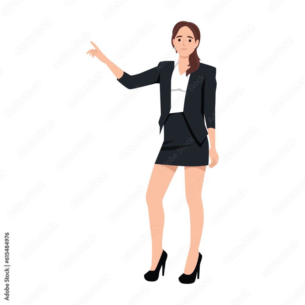 Young woman is pointing at something. Flat vector illustration isolated on white background Young woman is pointing at something. Flat vector illustration isolated on white background