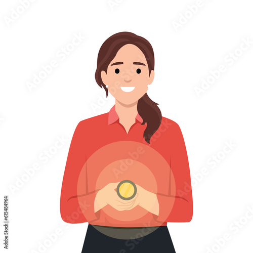 Woman with flashlight smiles and looks at screen recommending using device to light way. Young girl in casual clothes holds flashlight and shines into display calling attention to promotional offer. 