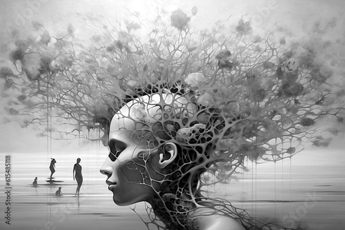 Surreal picture, fantasy. Brain, neural connections in the brain, thoughts and dreams, feelings and emotions. Black and white. AI illustration, digital fantasy, generative AI