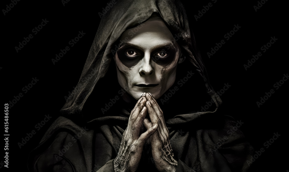 Young creepy face dressed in dark gothic robe with his fingers extended, in the style of poster, skeletal. Evil reaper face Halloween wallpaper. 