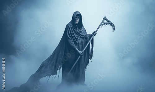 Grim reaper is posing on an empty background, in mist background, bold, lifelike figures. Evil Halloween reaper wallpaper. 