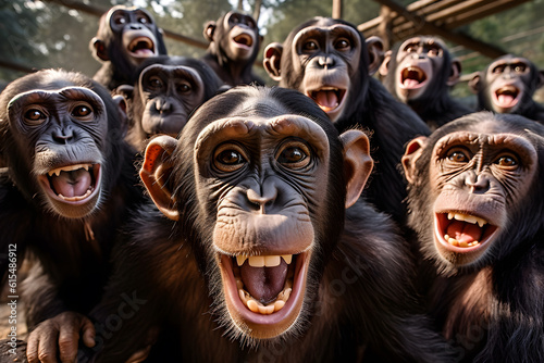 group of funny Chimpanzee making selfie standing upright and looking attentively at the camera ai generated art