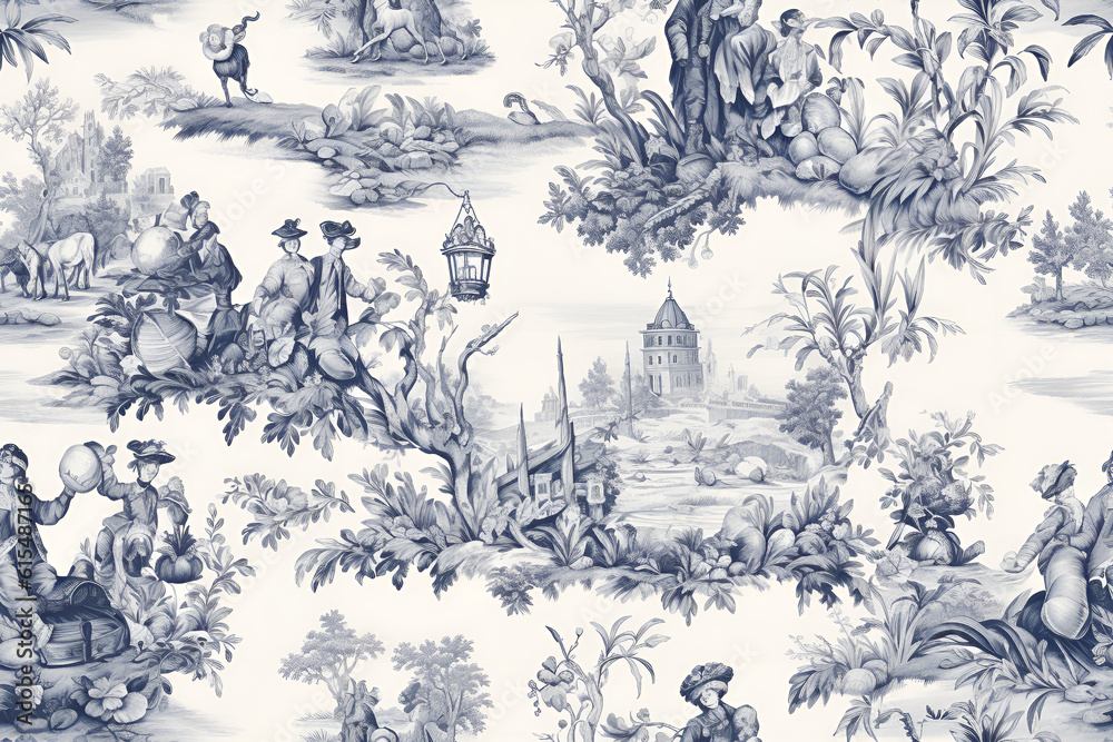 toile de jouy voyage seamless pattern blue and white