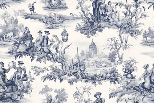 toile de jouy voyage seamless pattern blue and white photo