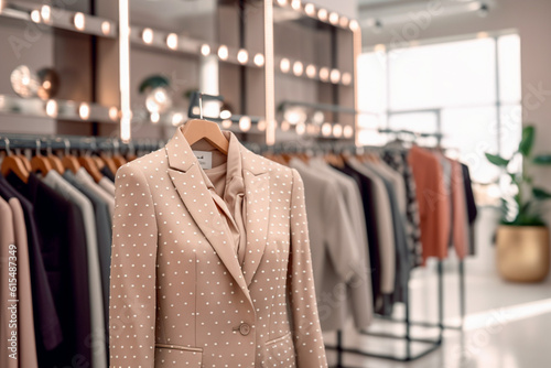 Woman`s office suit in the clothing store. Super photo realistic background. Generative ai illustration.