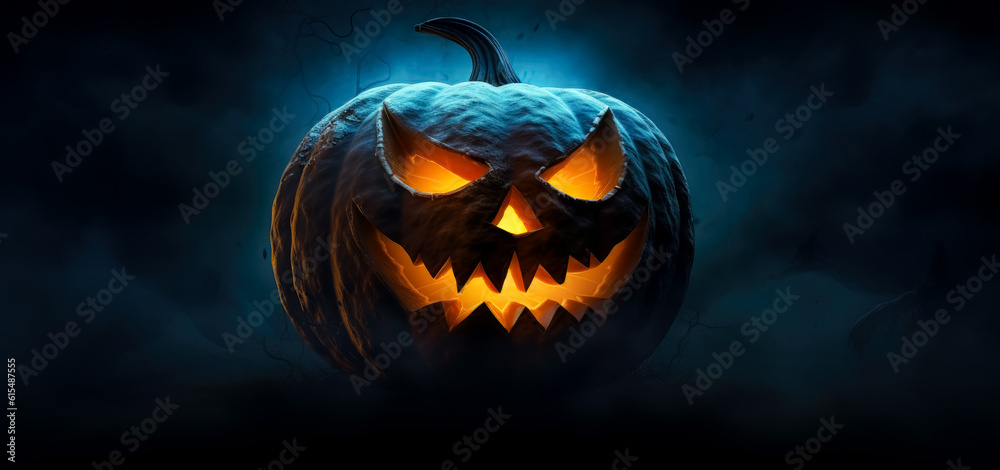 Naklejka premium Halloween jack o lantern with bright face on dark blue background.