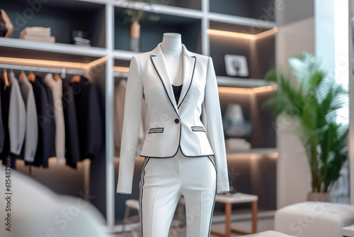 Woman`s office suit in the clothing store. Super photo realistic background. Generative ai illustration. © Anna