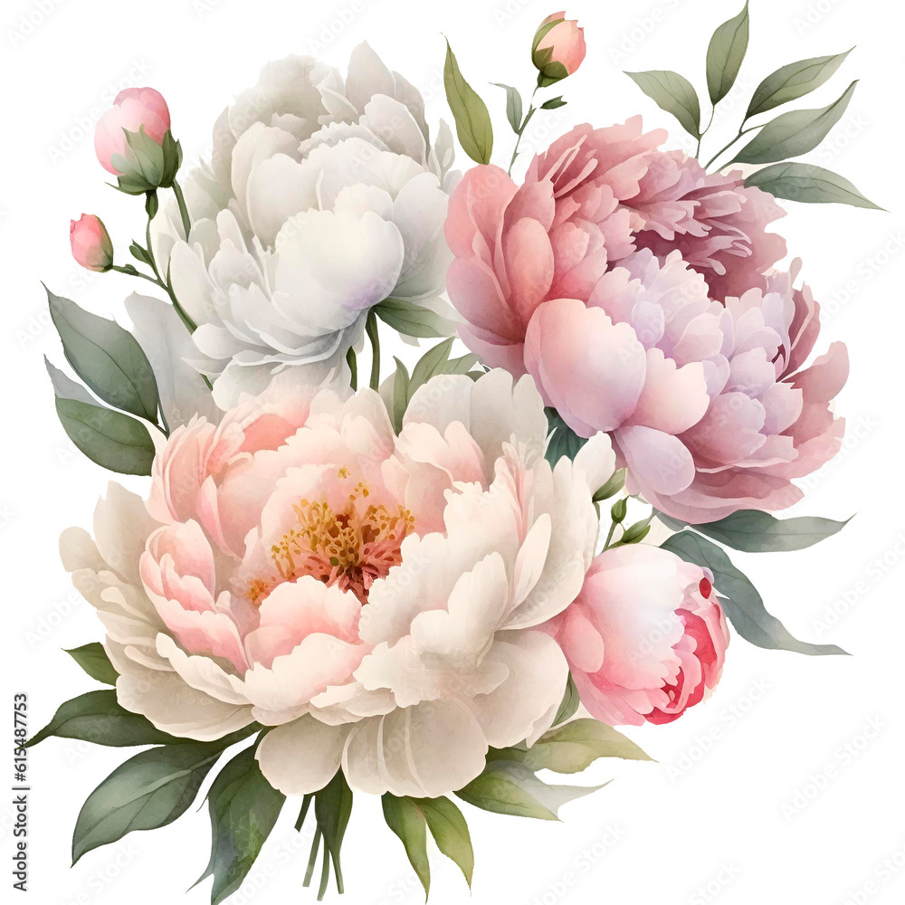 Watercolor bouquet of delicate beige peonies Generative AI, png image.