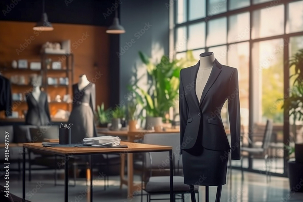 Woman`s office suit in the clothing store. Super photo realistic background. Generative ai illustration. Woman`s office suit in the clothing store. Super photo realistic background. Generative ai illustration.