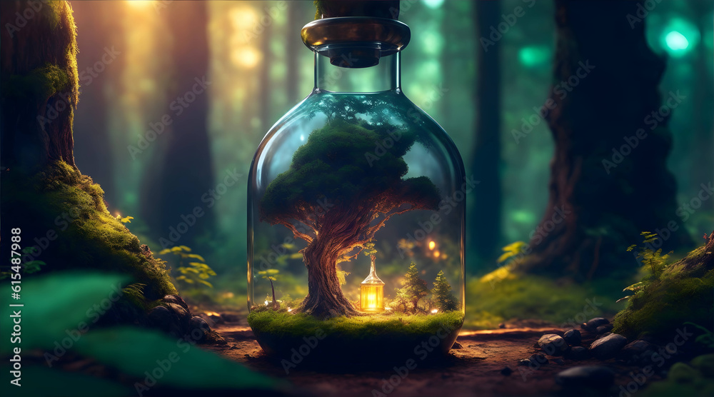 An intricate forest mini town landscape trapped in a bottle An intricate forest mini town landscape trapped in a bottle