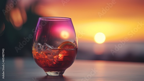 Colorful Cocktail on the table near the sea and sunset. ai generative