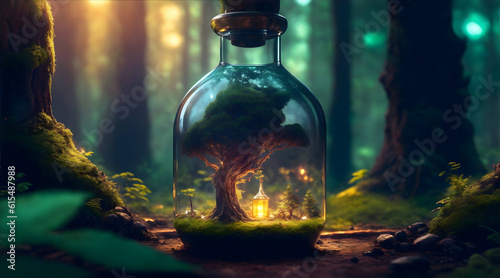 An intricate forest mini town landscape trapped in a bottle 
