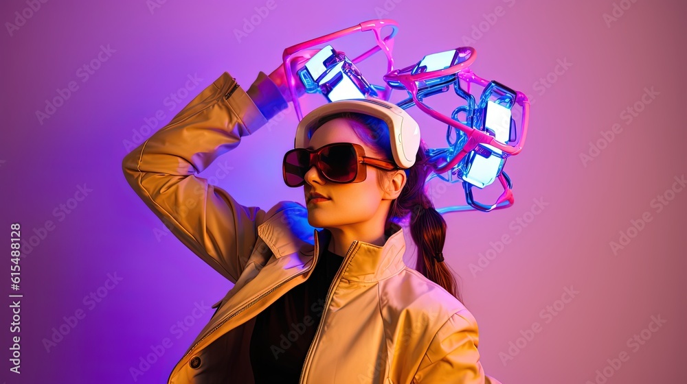 Metaverse concept, styles young girl in fashion sweatshirt wearing vr headset playing touching online game purple background. ai generative Metaverse concept, styles young girl in fashion sweatshirt wearing vr headset playing touching online game purple background. ai generative