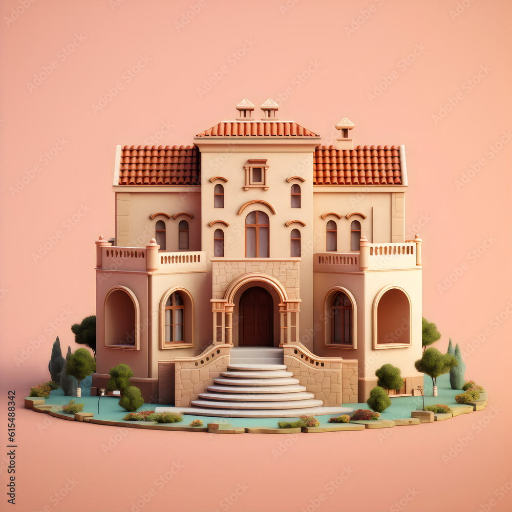 model luxury mansion house isolated on plain pink studio background, made with generative ai