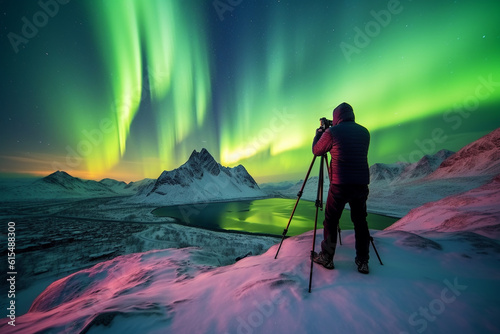Photo of cameraman taking landscape photograph under northern light AI generated