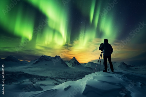 Photo of cameraman taking landscape photograph under northern light AI generated
