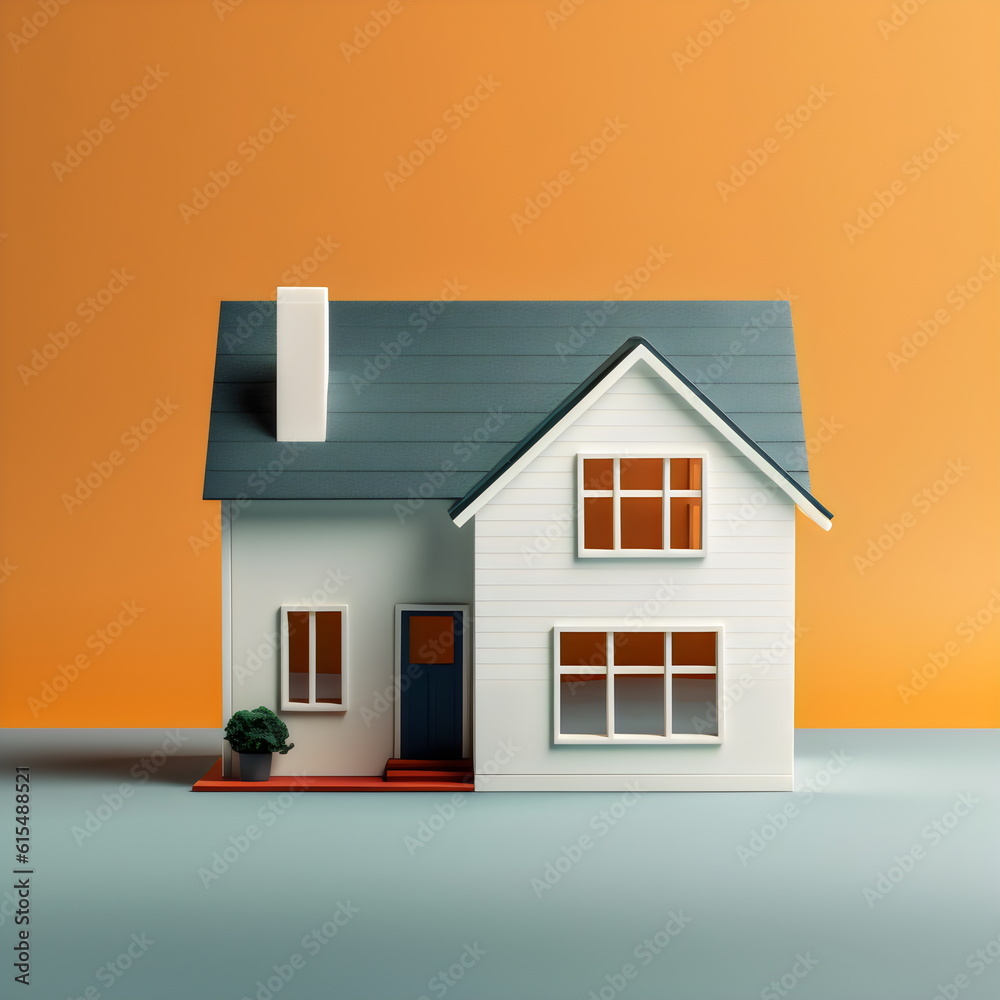 model white and gray house isolated on plain yellow studio background, made with generative ai model white and gray house isolated on plain yellow studio background, made with generative ai