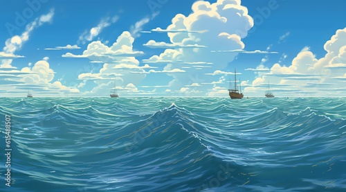 The ship sailed bravely through the tempestuous sea, its sails billowing with the force of the wind, defying the tumultuous waves that crashed against its sturdy hull.