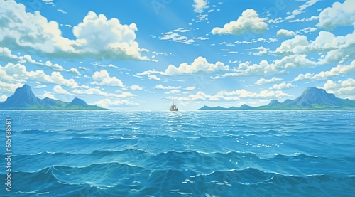 The sea stretched out endlessly, its sparkling blue surface reflecting the golden rays of the sun, as the ship sailed towards the horizon.
