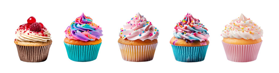 Collection set, assortment of colorful cupcakes  isolated on transparent  background, bakery sweet food and pastries, cookie dessert or snack with cream and sugar, png file