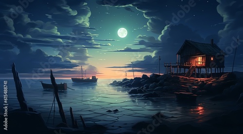 the House of the Fisherman stands proudly against the backdrop of the darkened ocean.