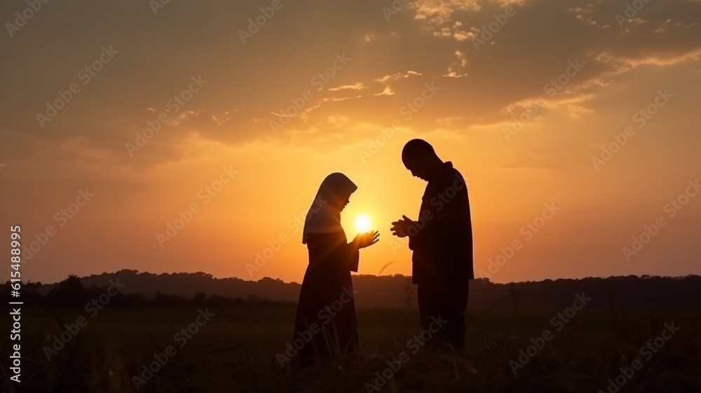 silhueta de casal juntos em oração no por do sol, fé na família cristã