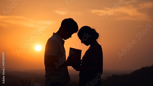silhueta de casal juntos em oração no por do sol, fé na família cristã