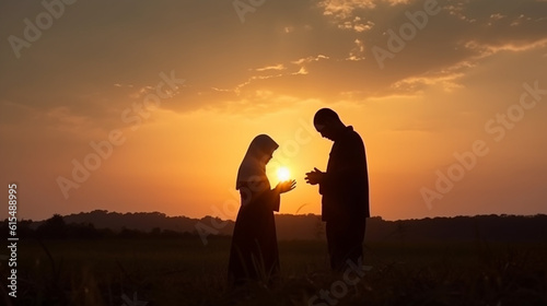 silhueta de casal juntos em oração no por do sol, fé na família cristã © Alexandre
