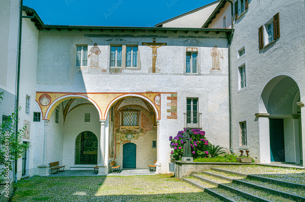 Cloister courtyard of capuchin monastery, pilgrimage church Madonna del Sasso. Orselina, Locarno, Ticino, Switzerland. Europe