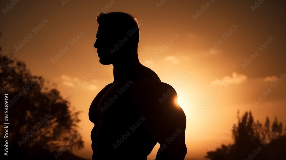 retrato fotorrealista da silhueta de um fisiculturista muscular na hora de ouro