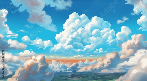 A canvas of dreams unfolds above, where wisps of cotton candy dance in the sky, painting tales of a forgotten world.