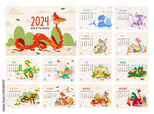 Dragon calendar 2024. Isolated on beige background. Bright colorful cover and 12 months pages with seasonal flat vector illustrations A5. Week starts on Sunday