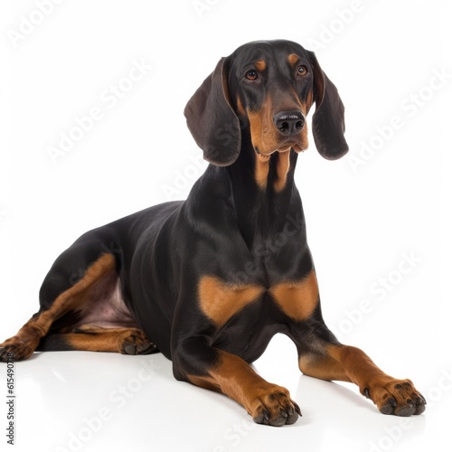 Black and Tan Coonhound dog isolated on white background. Generative AI