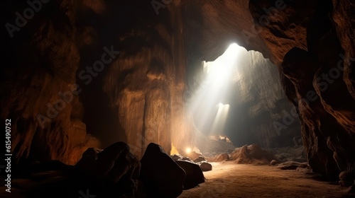 Inside the majestic cave during the early morning hours. Generative AI © piai