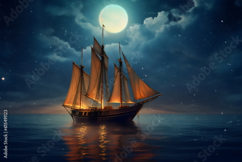 ship on water in moonlight with clouds, painting made with generative ai