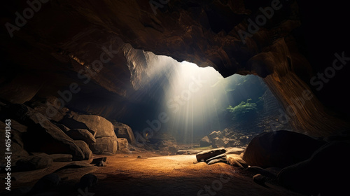 Inside the majestic cave during the early morning hours. Generative AI