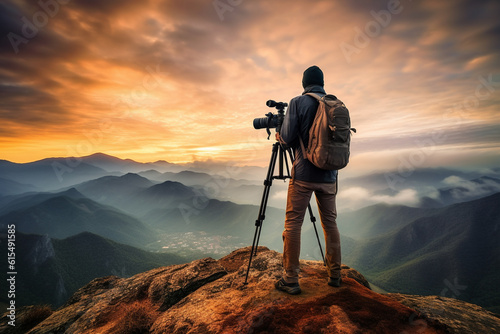 Photo of cameraman taking mountain landscape photo during sunset AI generated