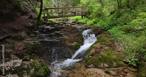 Waterfall on a stream in forest, The rocky gorge Dolne diery in The Mala Fatra National Park, Slovakia, Europe. Slow motion 4k 100fps. photo