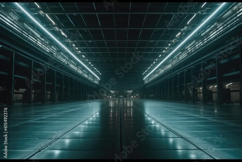 Sci-Fi Neon Laser Beams in Futuristic Hallway generative AI