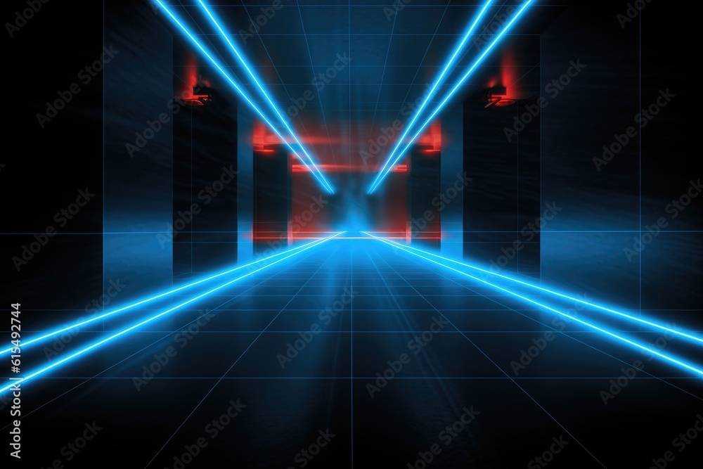 Fototapeta premium Sci-Fi Neon Laser Beams in Futuristic Hallway generative AI