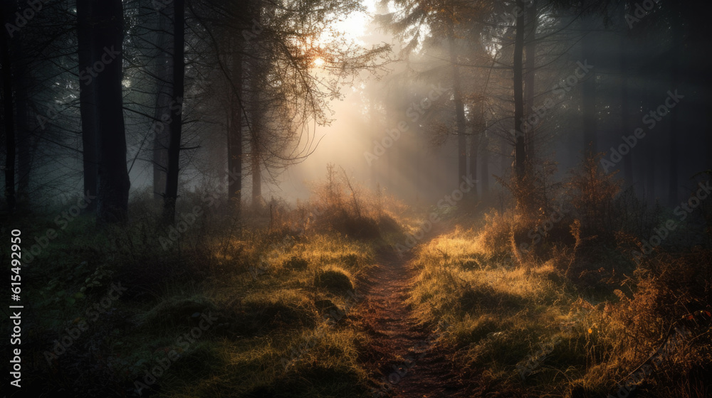 Sun rays penetrate through a densely overgrown forest between the trees in the morning. Generative AI Sun rays penetrate through a densely overgrown forest between the trees in the morning. Generative AI