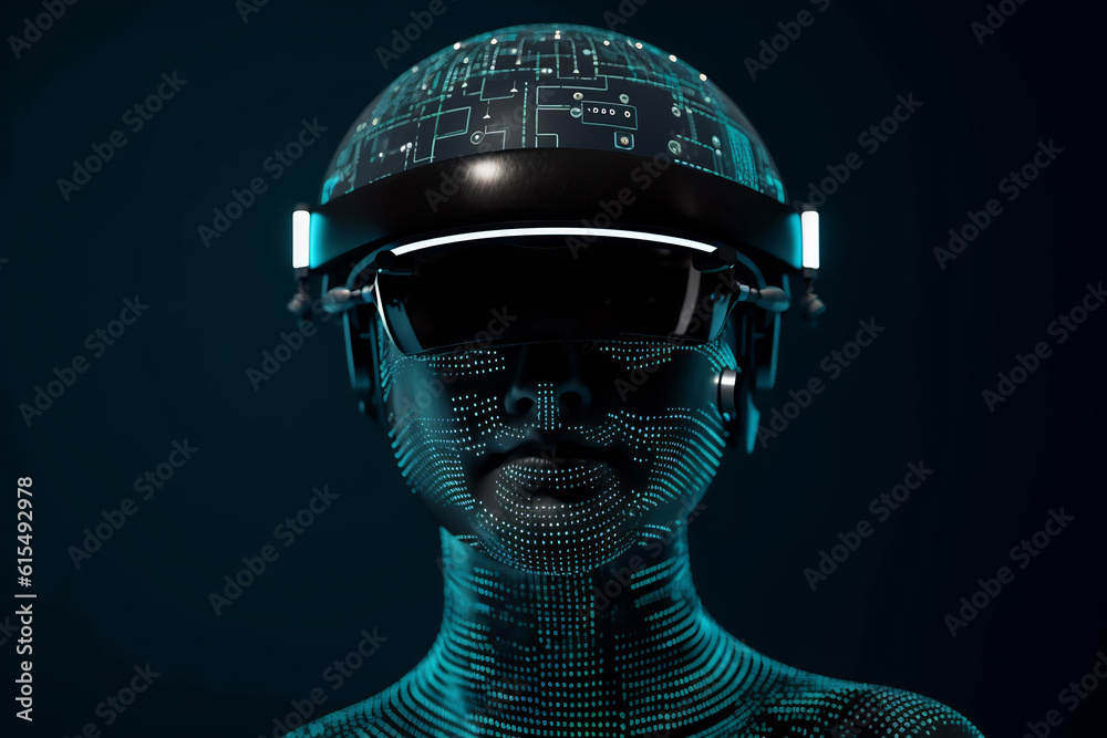 custom made wallpaper toronto digitalGenerative AI fantasy illustration of headshot of cyborg character of glowing neon colors dots in virtual reality headset on dark background