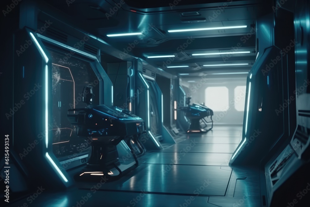 Obraz premium Sci-Fi Neon Laser Beams in Futuristic Hallway generative AI
